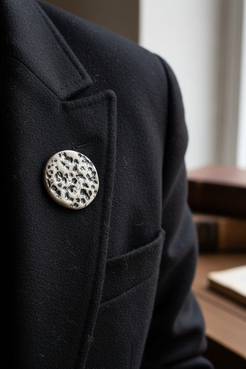 Beige ceramic moon brooch worn as a statement pin