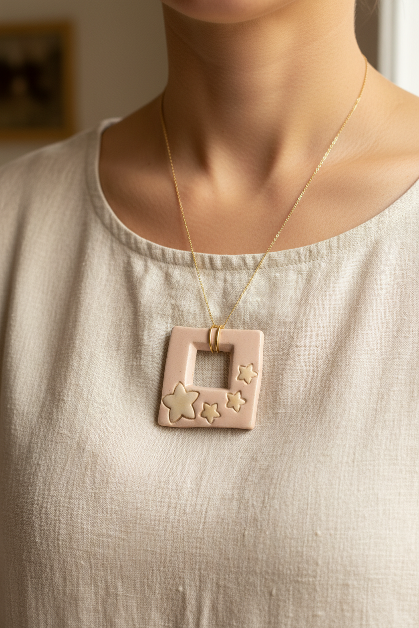 Large handmade ceramic pendant in a jewelry styling scene