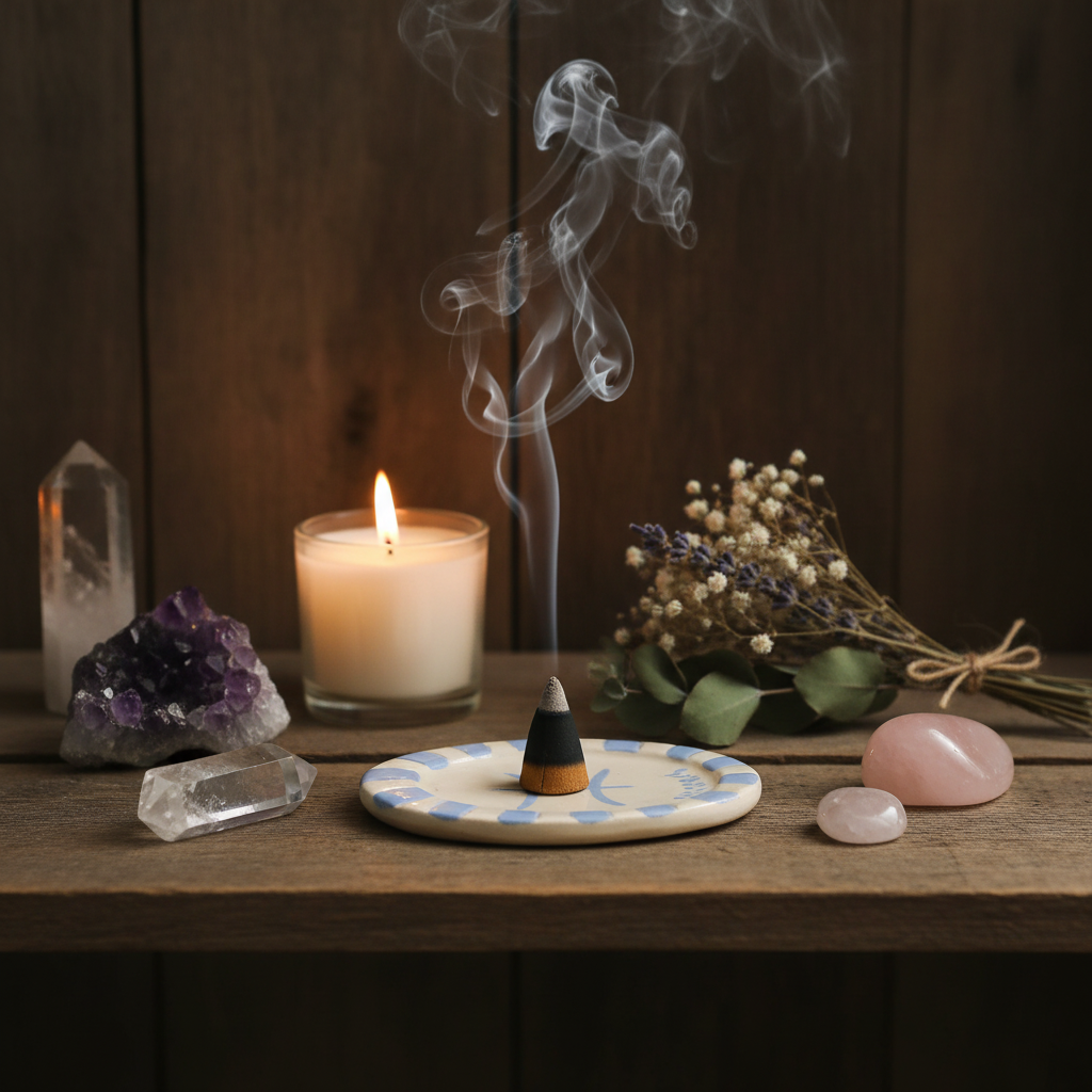 Handmade zodiac incense holder displayed on a shelf