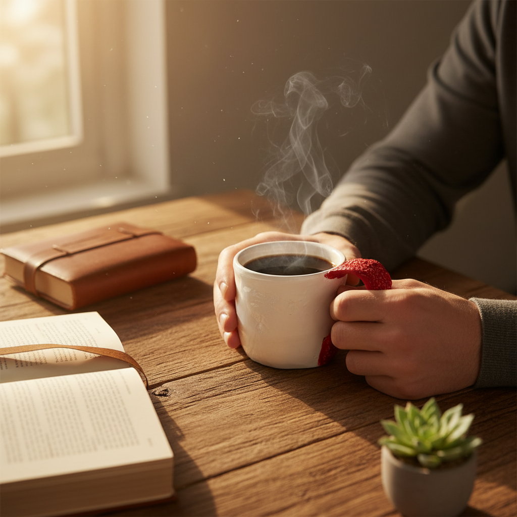 Hand-painted ceramic mug styled with coffee