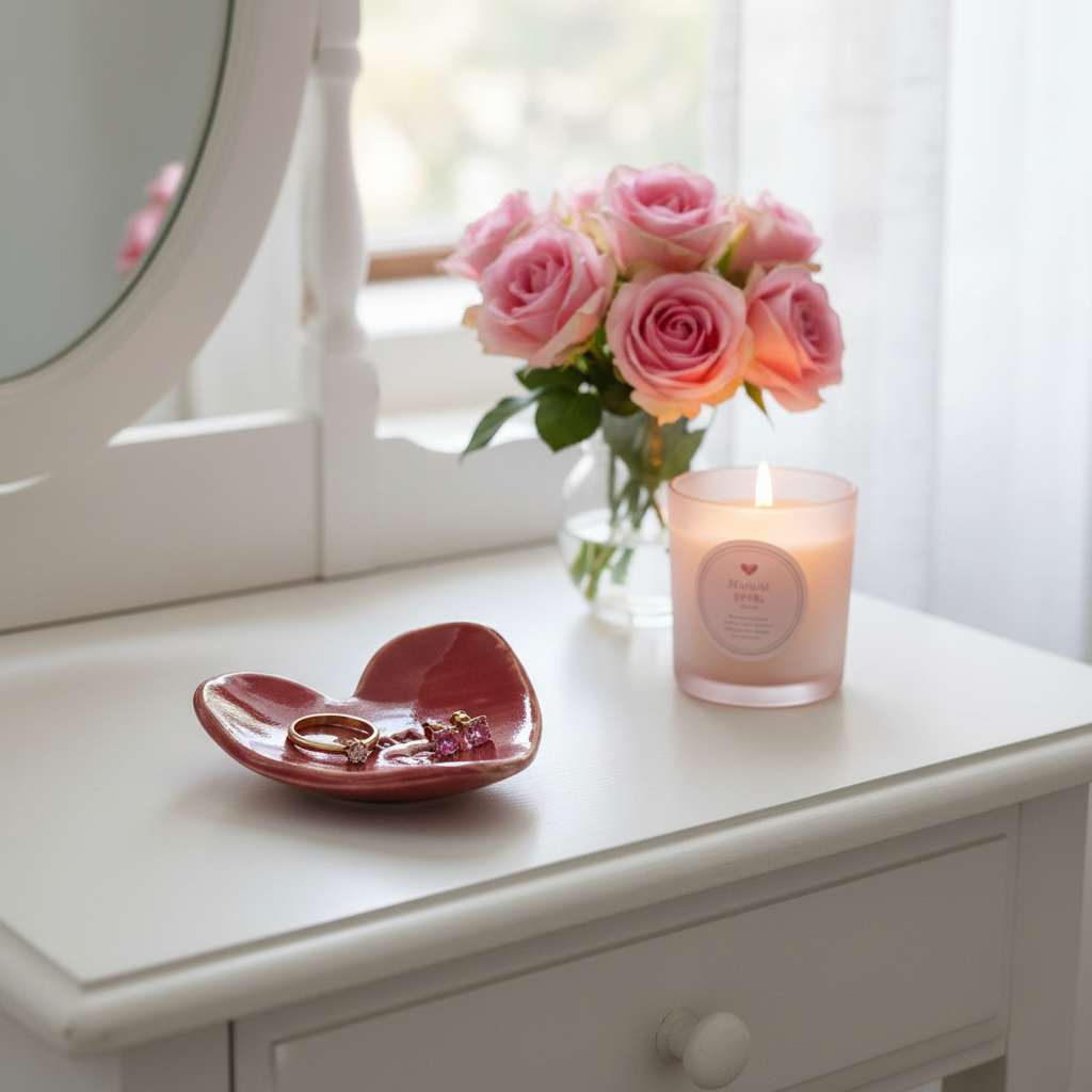 Red heart ring dish in a styled setting