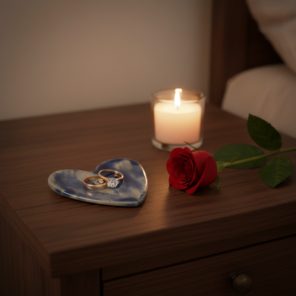 Handmade blue heart trinket dish on a tabletop