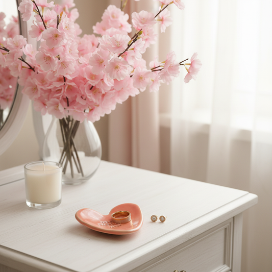 Pink and red ceramic heart ring dishes in a styled setting