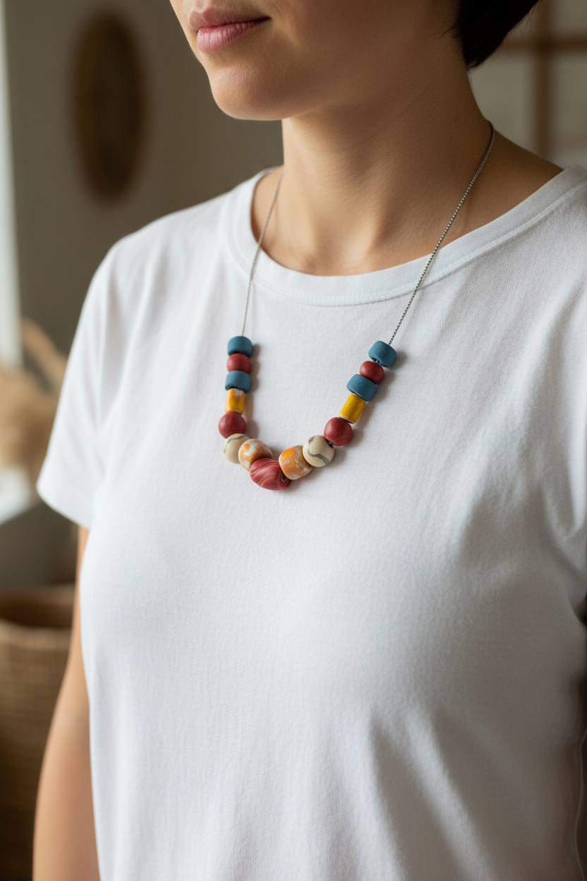 Handmade colorful ceramic bead necklace worn as statement jewelry