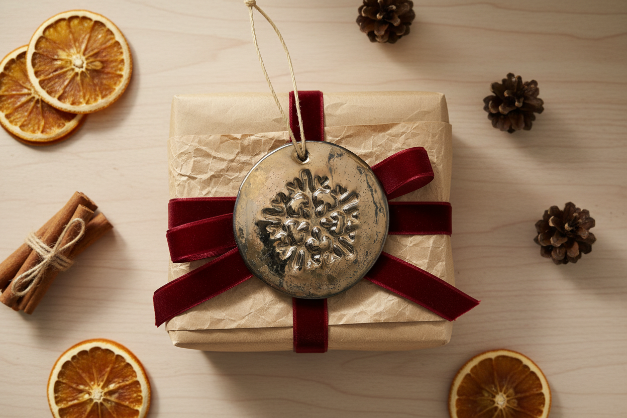 Gold ceramic snowflake ornament styled on a wrapped gift