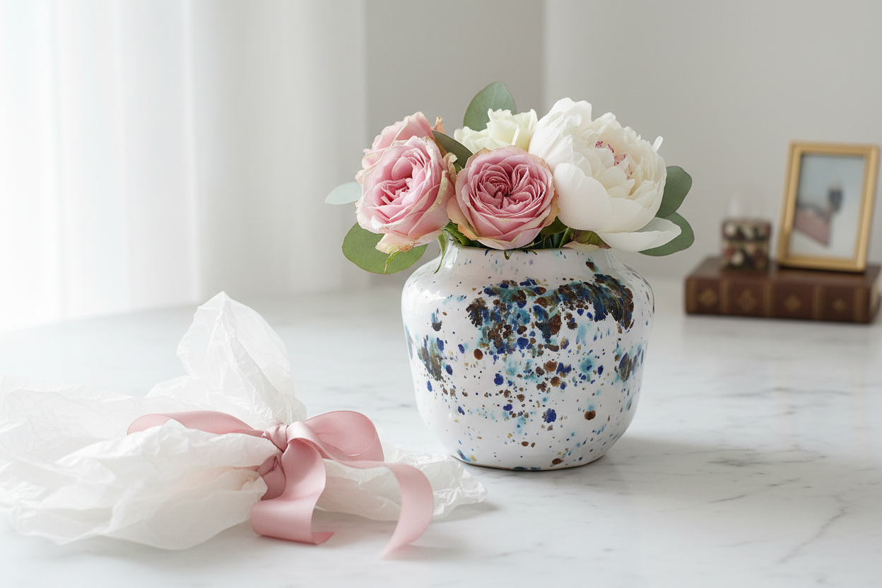 Speckled ceramic bud vase with pink and white flowers
