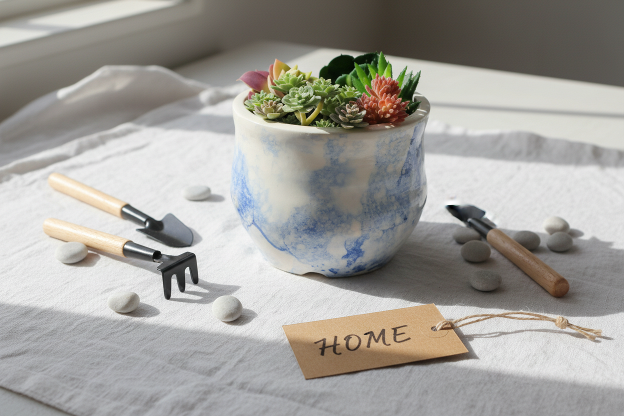 Blue ceramic planter styled as a housewarming gift