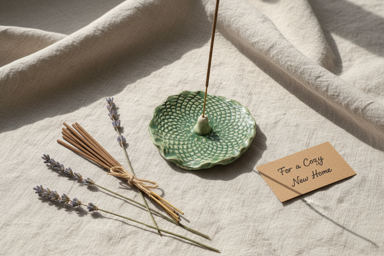 Green ceramic incense holder styled with incense sticks and gift note