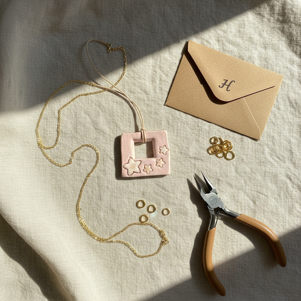 Large ceramic square pendant styled as a statement necklace