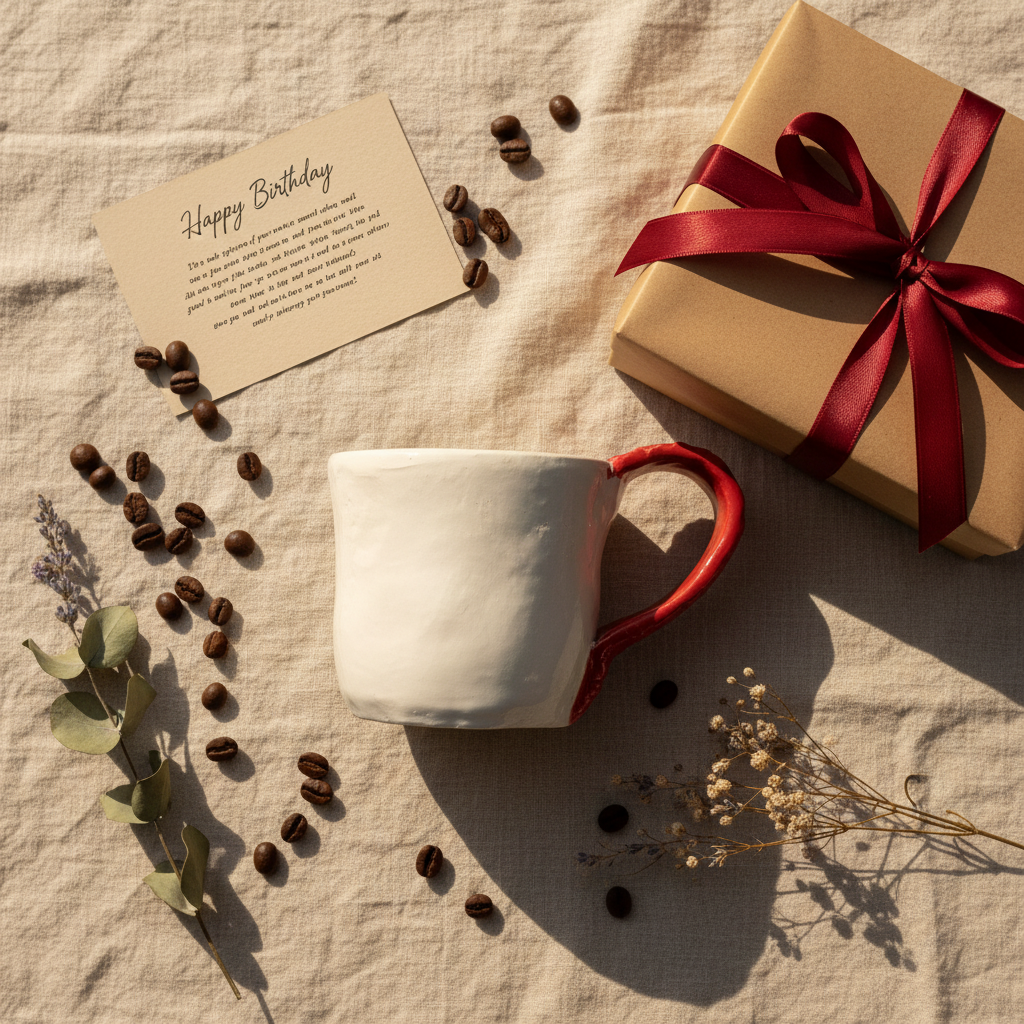 Red and white handmade mug in a kitchen setting