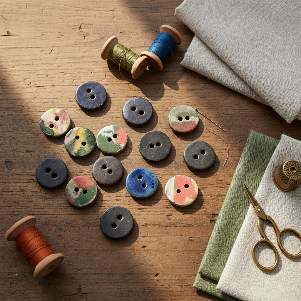 Handmade ceramic buttons styled on a textile project