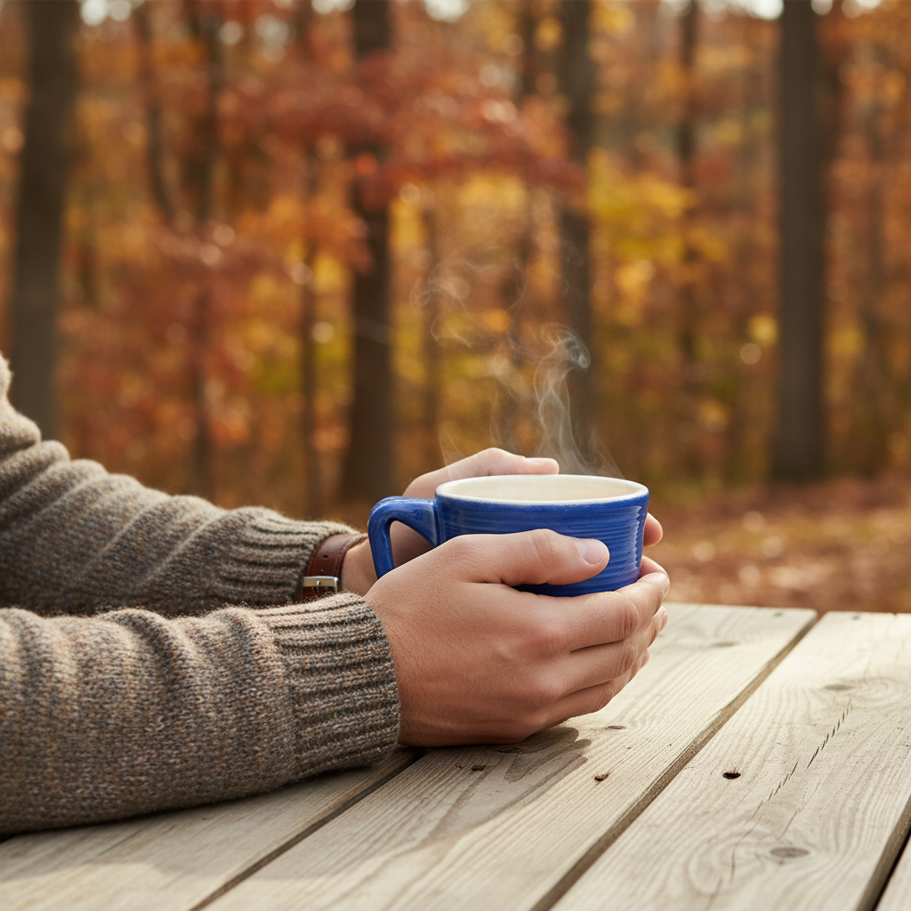 Handmade blue mug styled with coffee