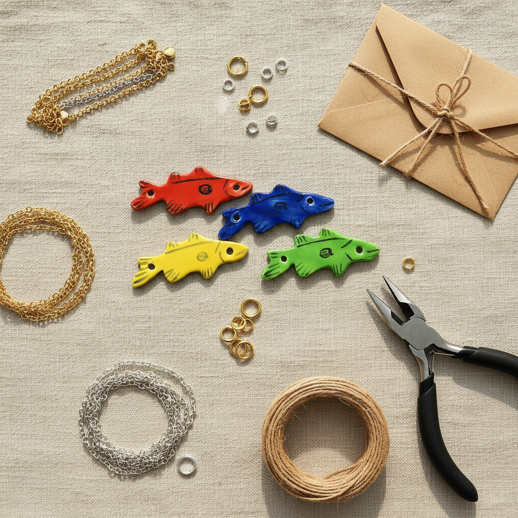Handmade ceramic fish pendants used in a jewelry styling