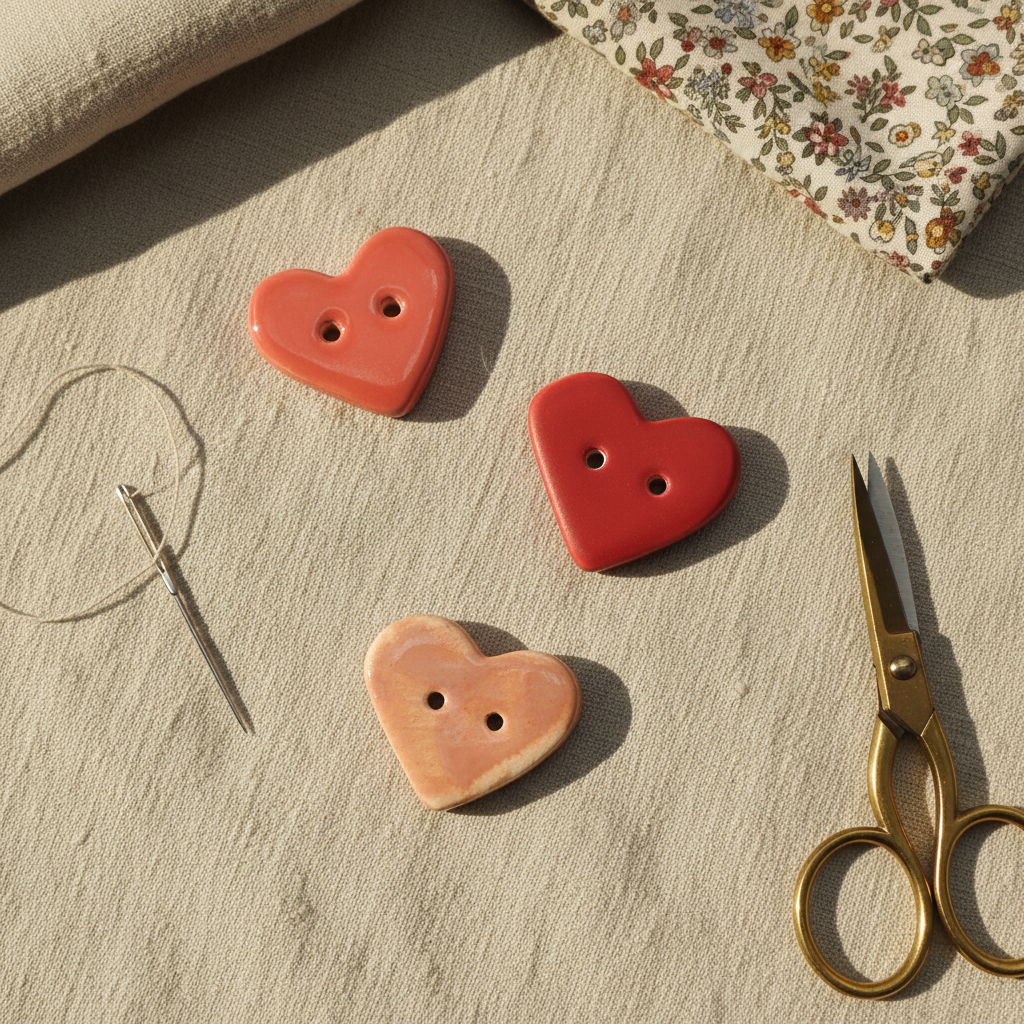 Handmade heart buttons in a styled craft setting