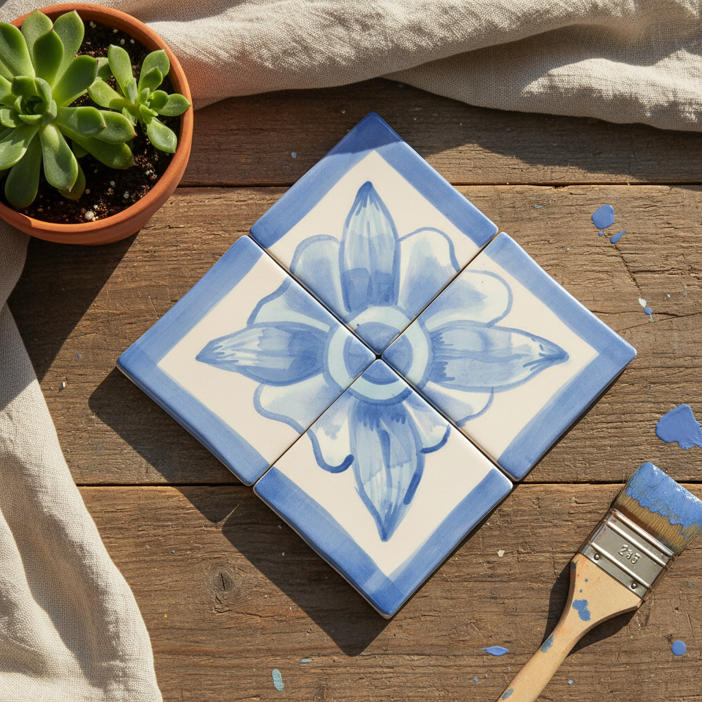 Blue and white floral ceramic tile panel styled as wall decor