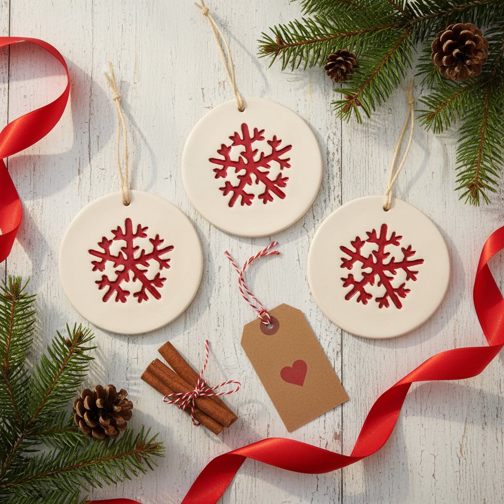 Red ceramic snowflake ornament displayed for Christmas