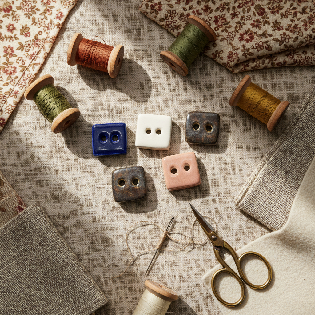 Ceramic buttons styled with a sewing and craft project