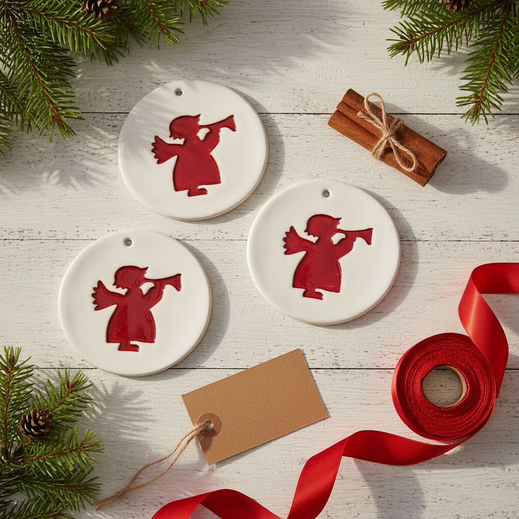Handmade ceramic angel ornament in a festive home setting