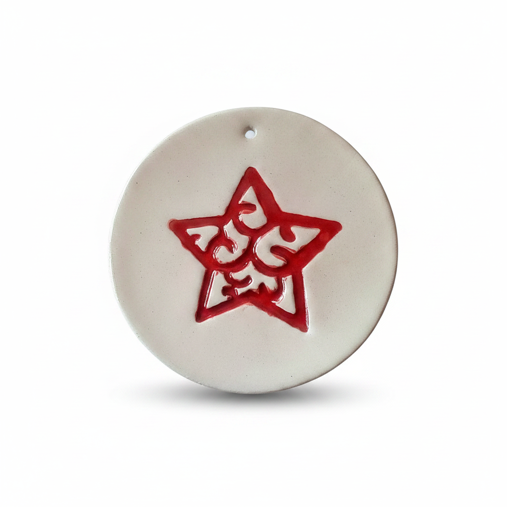 Handmade red and white ceramic Christmas ornament