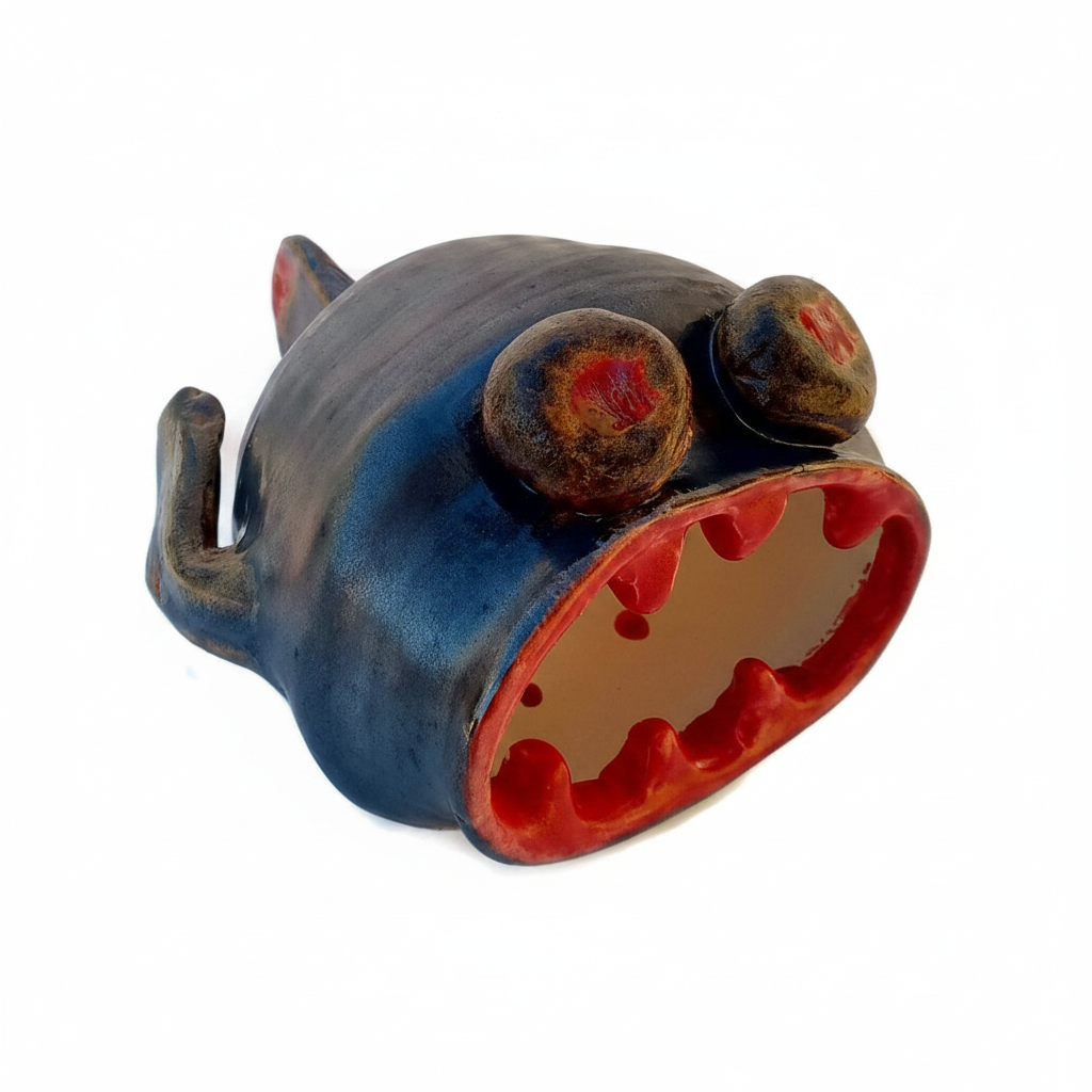 Handmade Ceramic Fish Sculpture – Modern Animal Figurine, Silver Black & Red Fish Art